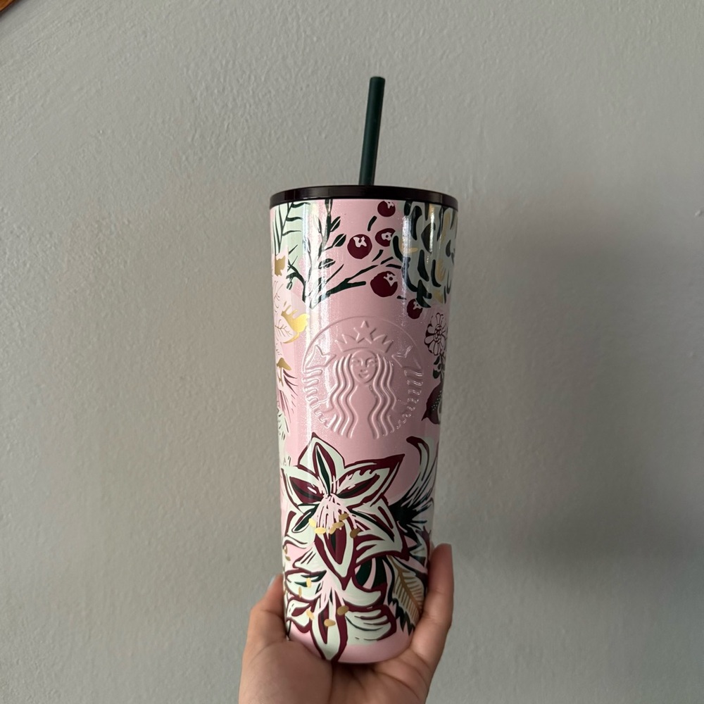Starbucks Christmas 2022 Pink Enchanted Forest Stainless Steel 24oz Cup Floral